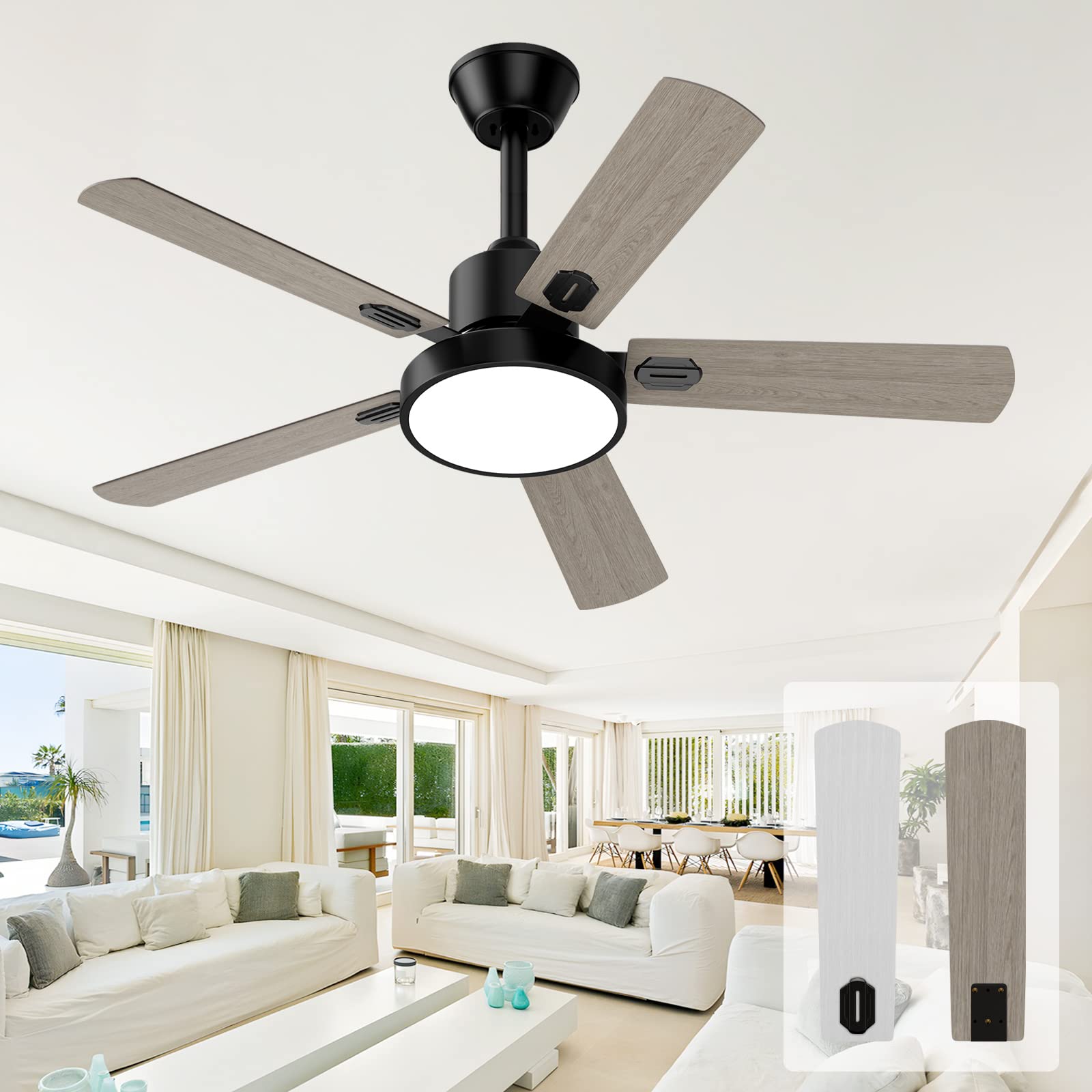 Photo 1 of ghicc 52" Ceiling Fan with Light and Remote Control-5 Modern Blades and Dual Finishes-6 Speeds Reversible Silent DC Motor?White and oak 52-Inch Oak/White Ceiling Fan