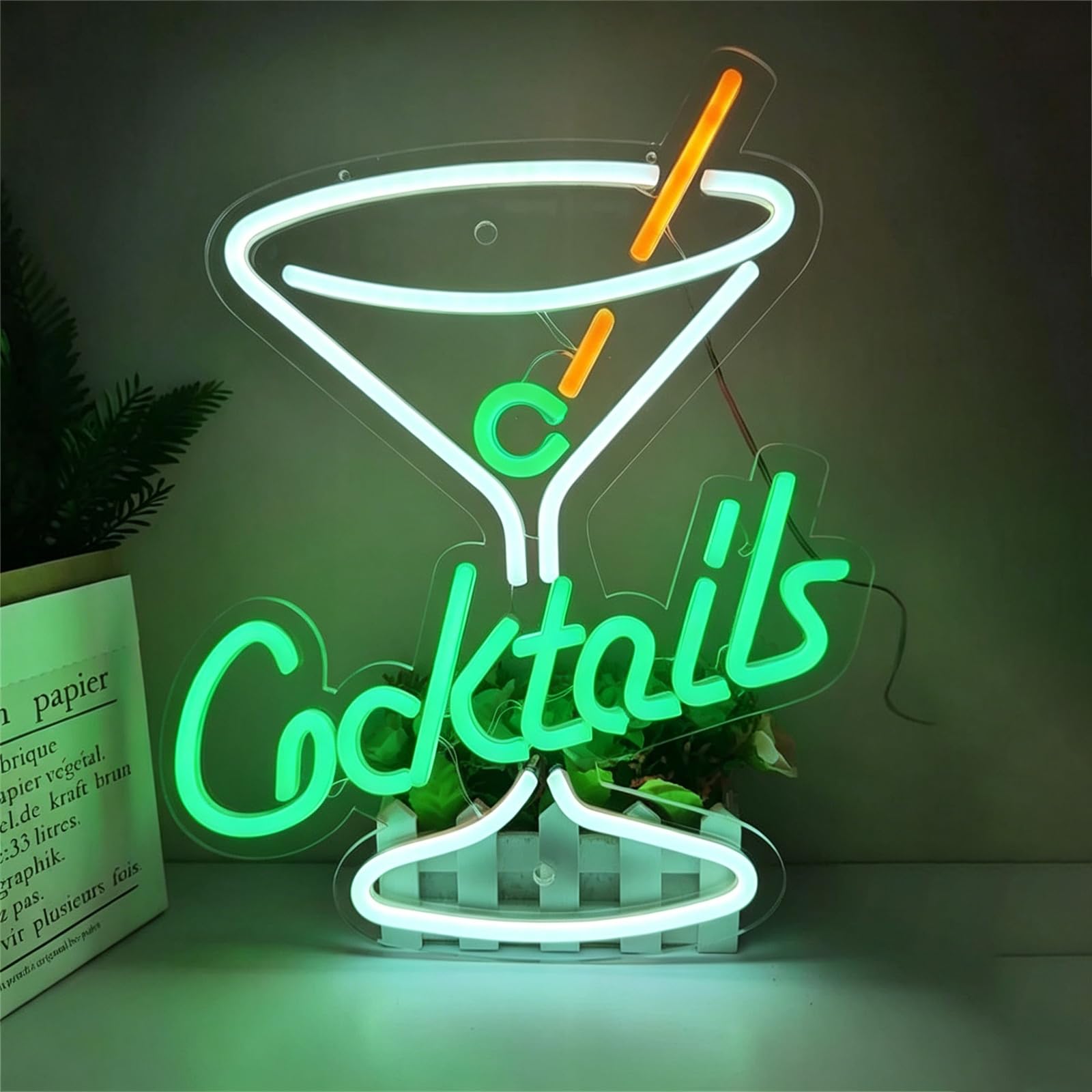KEYQEEN Cocktails Neon Sign for Wall Decor, Bar Club Shop Signs Dimmable USB LED Man Cave Party Neon Lights,Green,45x34cm