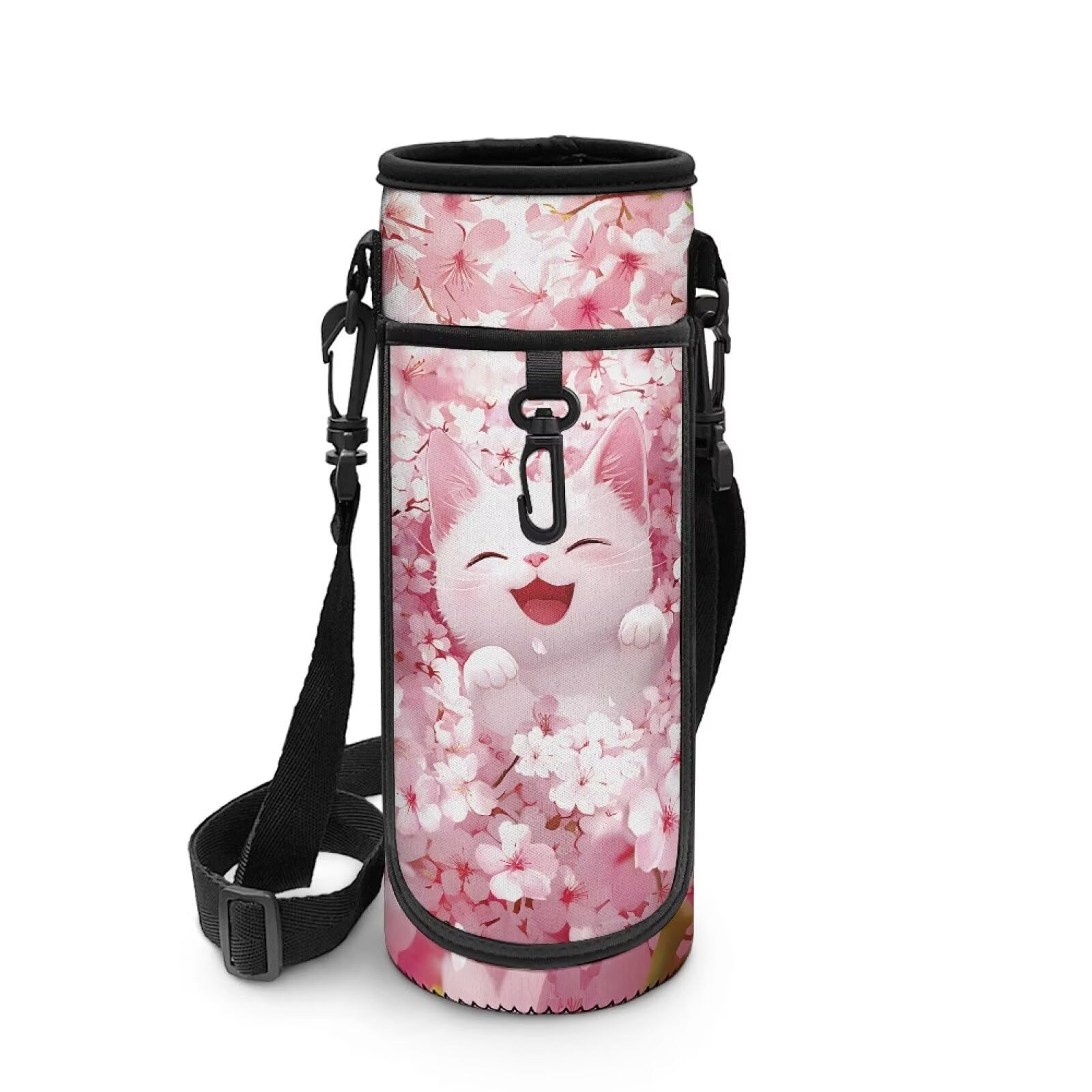 POLERO Cute Cat Water Bottle Sleeve for Girls Cherry Blossom Sports Water Bottle Holder with Strap for Walking Hiking