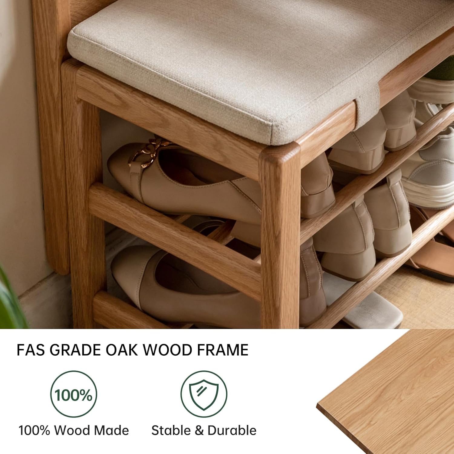 Oak Coat Rack, Solid Wood Hall Tree with Shoe Bench, 2-Tier Shoe Rack with 7 Hooks for Entryway, Hallway, 13.8" x 31.5" x 72.8", Natural