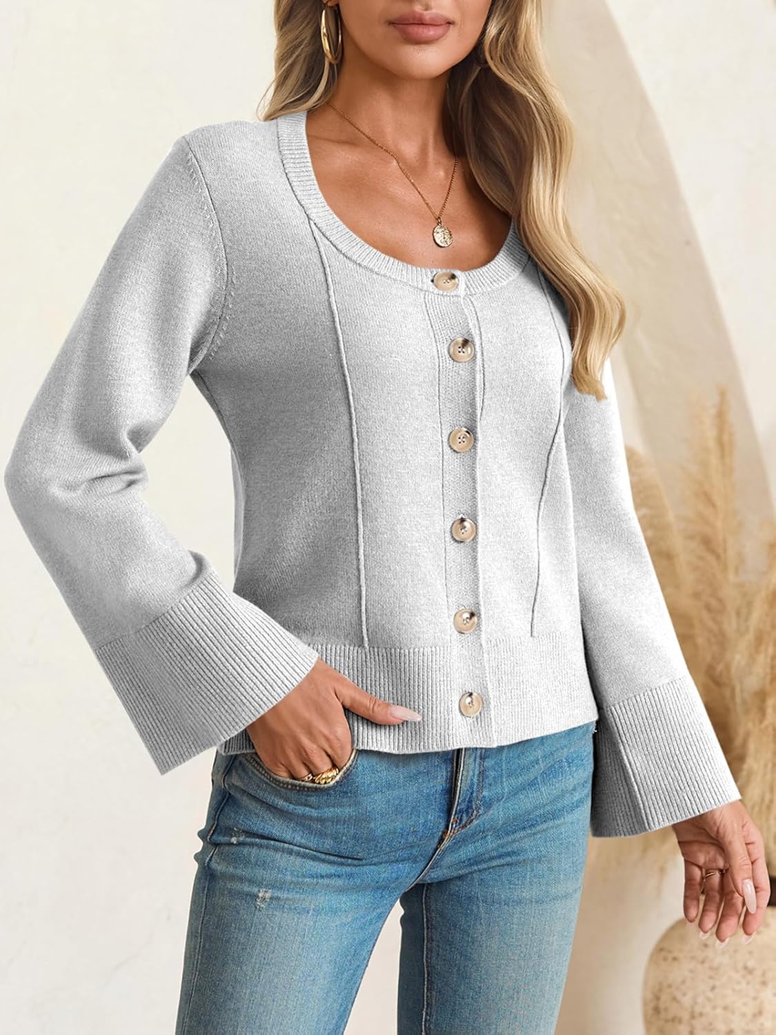 Saodimallsu Womens Bell Sleeve Cardigan Sweaters Button Down Long Sleeve Fall Trendy Sweaters 2025 U Neck Knit Outwear - Image 2