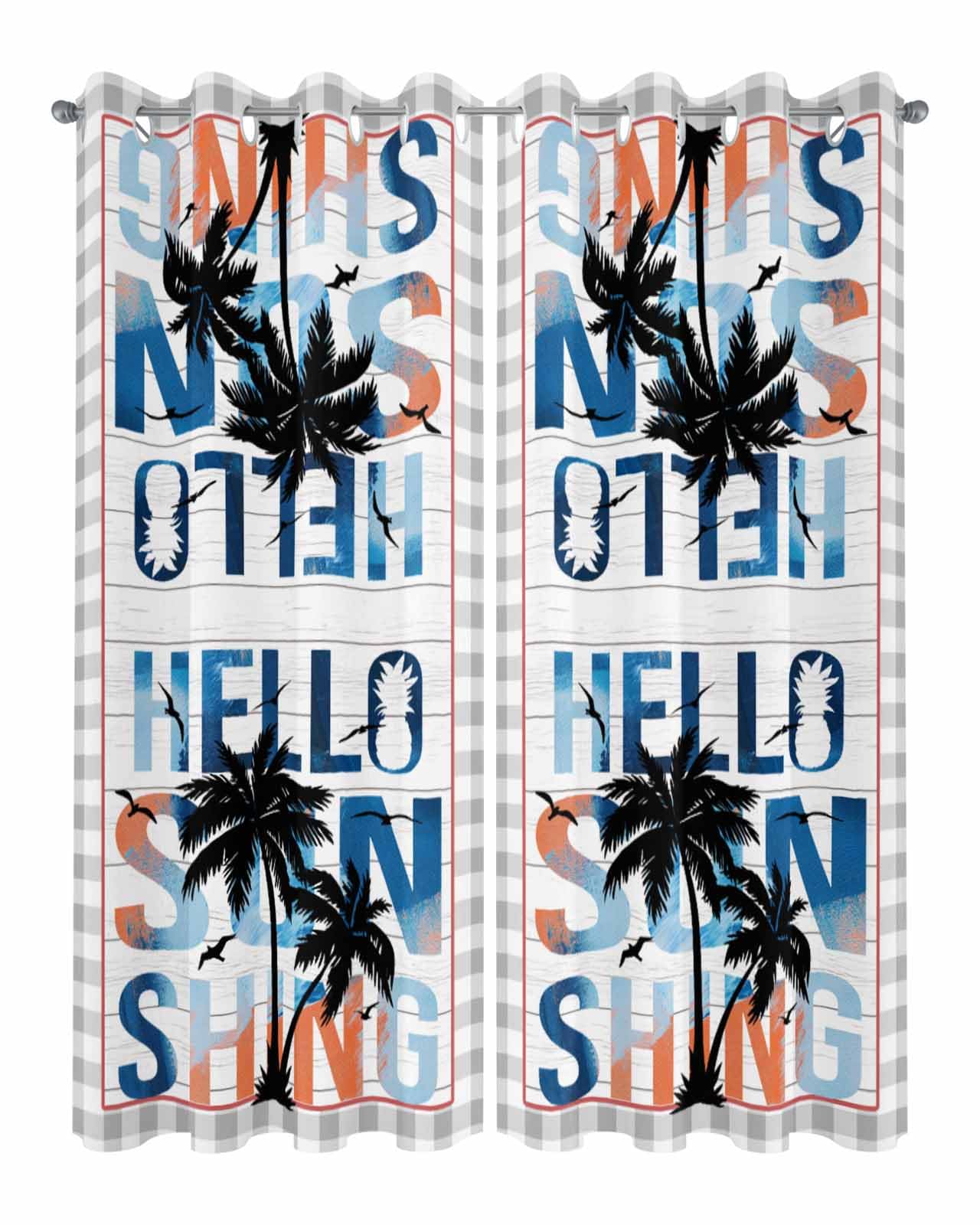 Waterproof Outdoor Curtains for Patio Porch, Beach Palm Trees Silhouette Grommet Curtain Panel Windproof Outside Curtains Tieback, Ombre Hello Summer Quote Weighted Window Treatment Drapes