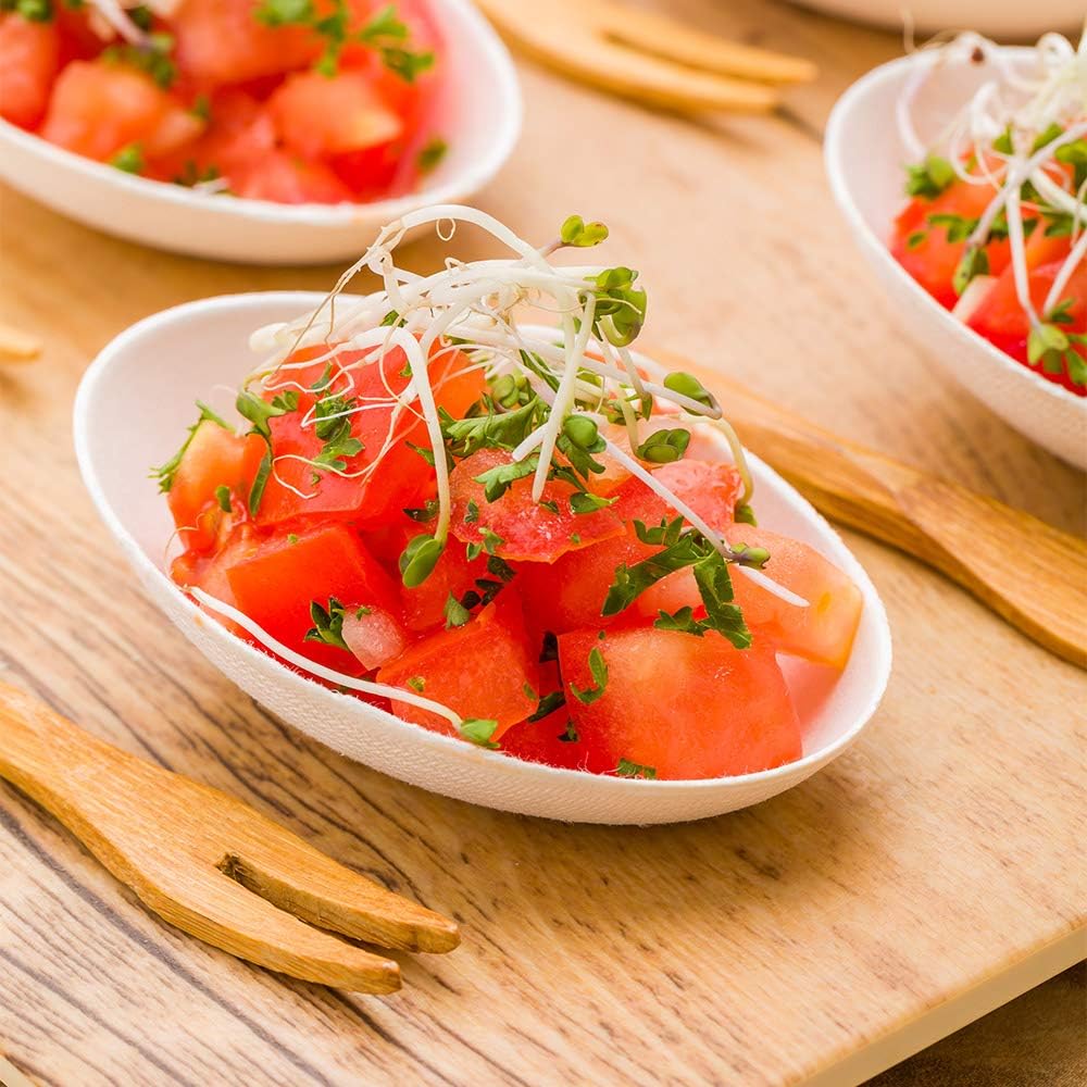 Restaurantware Pulp Tek 3.1 Inch Tasting Plates 100 Egg Shaped Disposable Appetizer Dishes - Easy To Hold Premium White Bagasse Mini Tasting Dishes Grease Resistant For Appetizers - Image 3