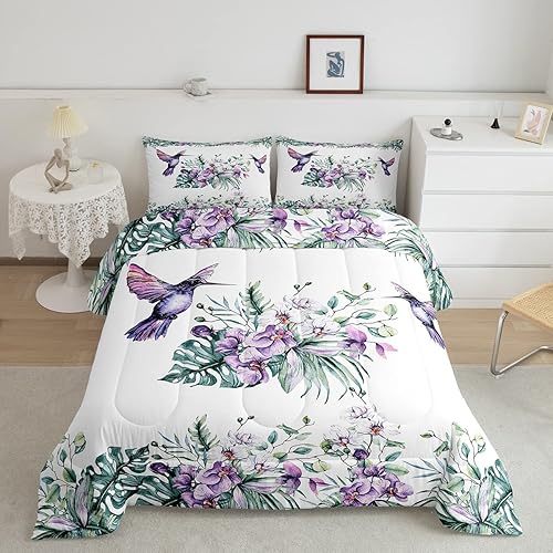 Erosebridal Juego de ropa de cama de colibrí, flores moradas, tamaño Queen, para niños y niñas, edredón floral de jardín de lavanda, hojas de