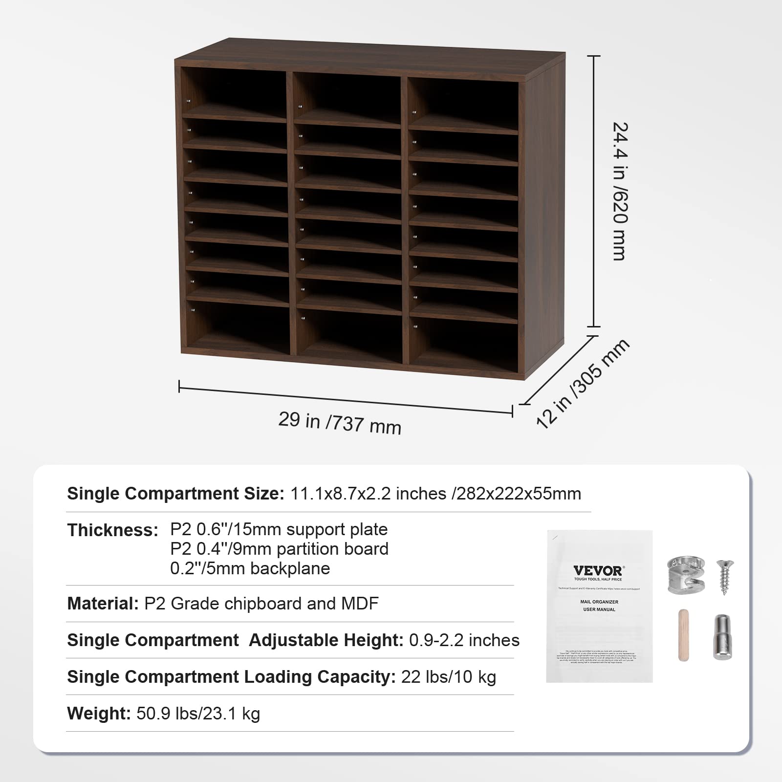 VEVOR Drewniany organizer na biurko, 74 x 30,5 x 62 cm, 24 przegródki, kosz na śmieci, płyta wiórowa, zdejmowany regał do przechowywania plików czasopism szkolnych, brązowy