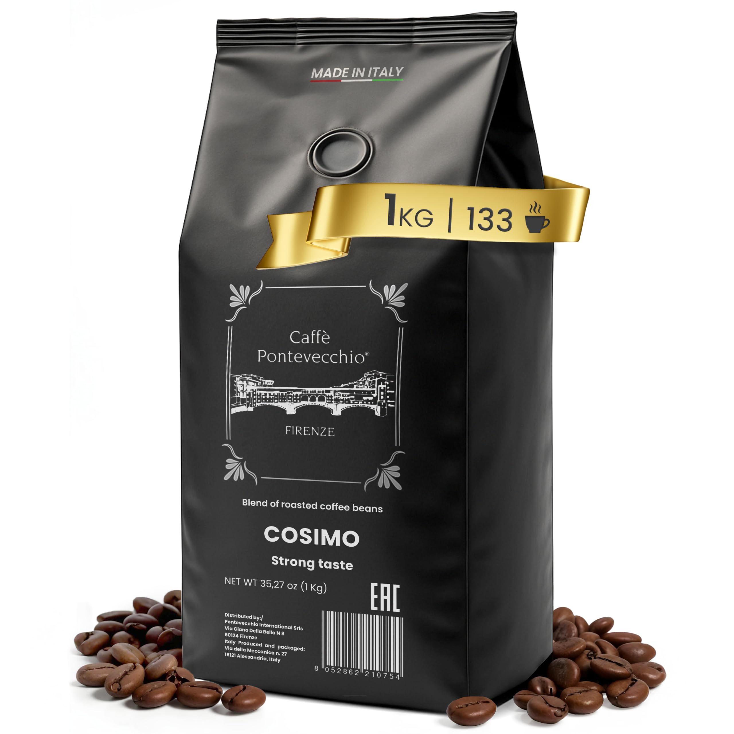 Caffè in Grani 1kg - Miscela 100% Robusta da India Vietnam Indonesia - Chicchi Interi per Moka ed Espresso - Gusto Forte e Tostato con Crema Densa - Made in Italy - CAFFÈ PONTEVECCHIO FIRENZE