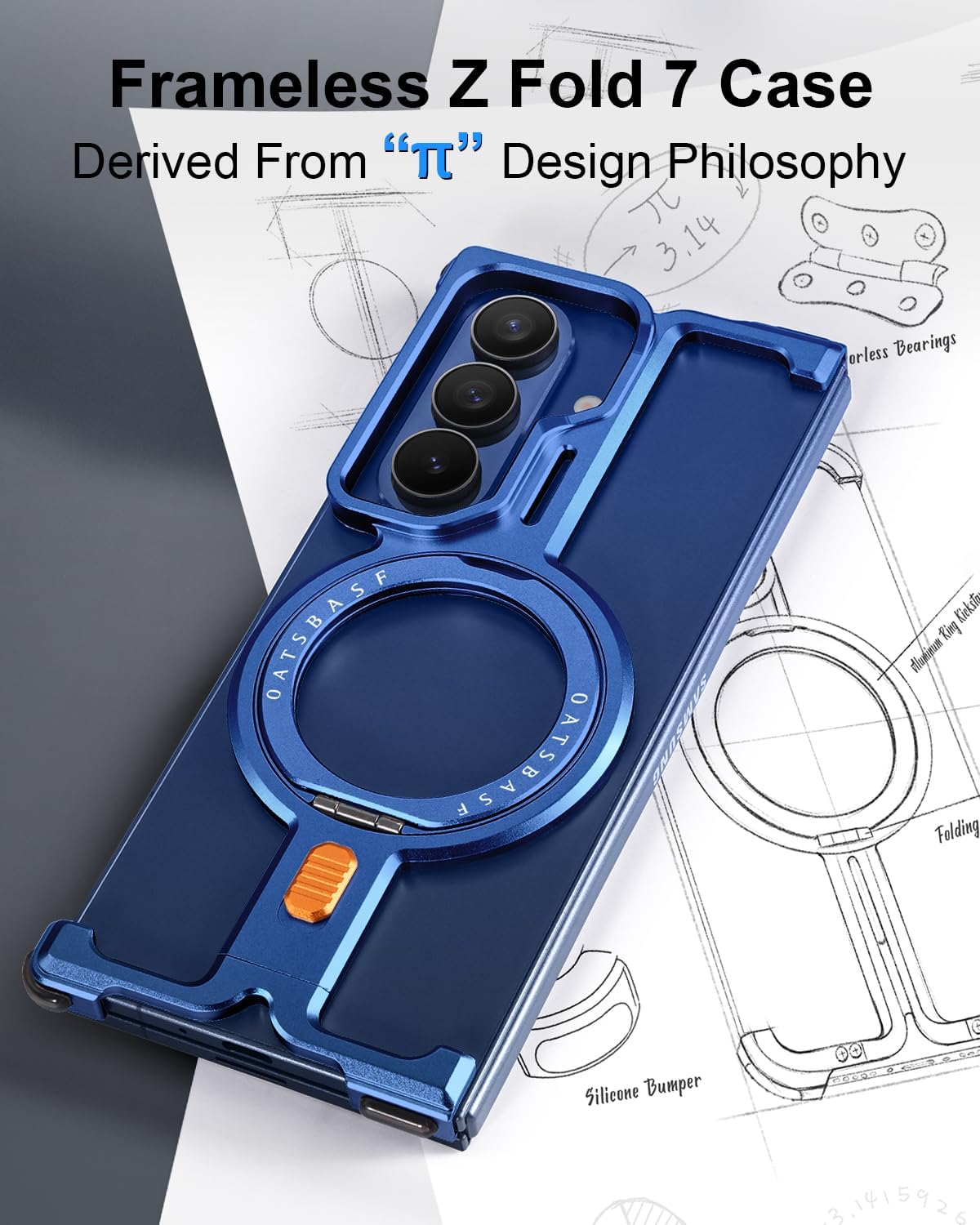 for Samsung Galaxy Z Fold 7 Phone Case,with 360°Rotatable Kickstand Magnetic Ring Stand,Frameless Metal Minimalist Bumper Case,Protective Shockproof for Samsung Z Fold7 Cover(Blue Shadow)