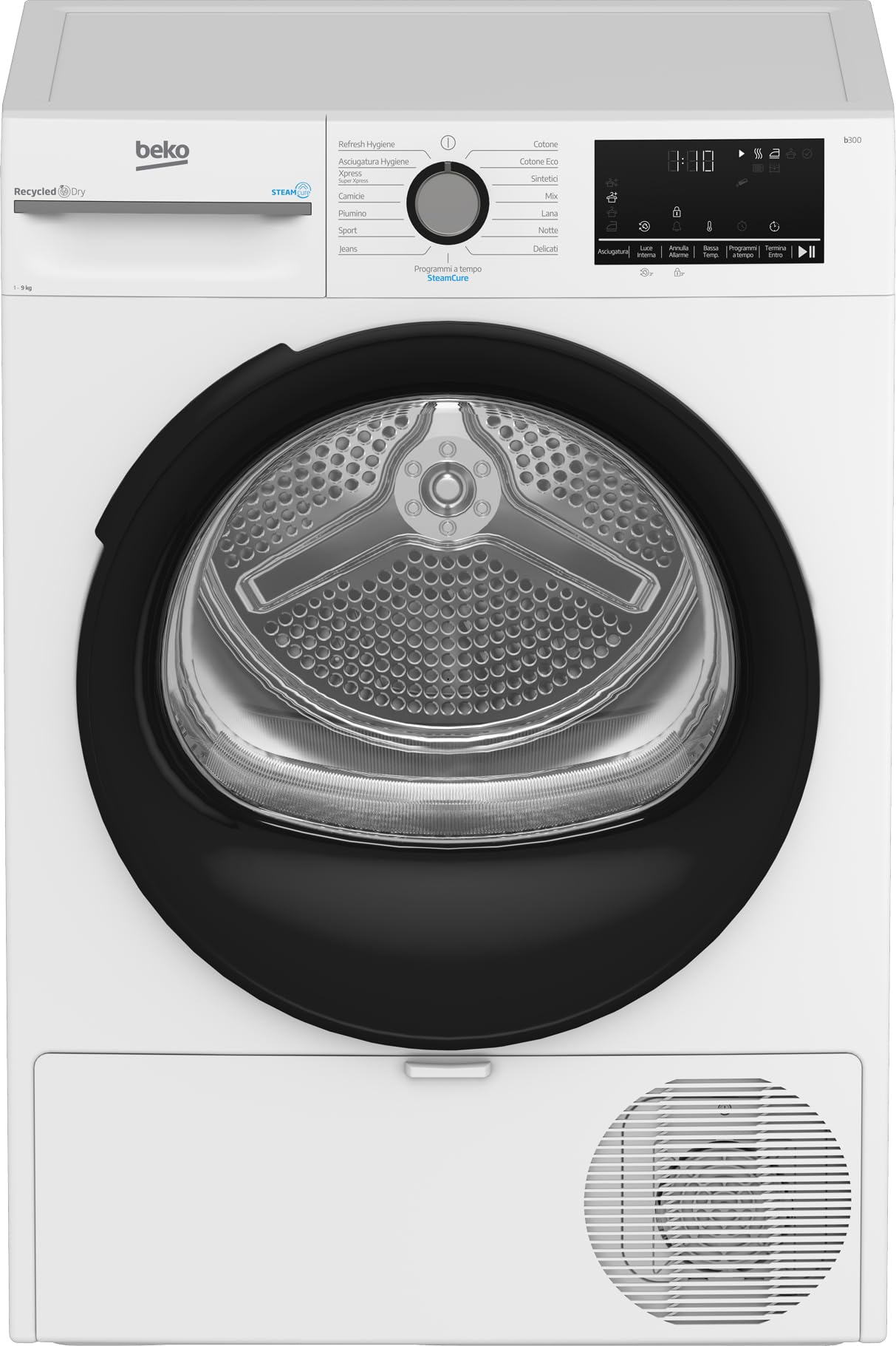 Beko BMGT491SBI_IT 9kg, Class C, Inverter Motor, Digital Display, SteamCureâ„¢ Steam Function, White, Black Porthole