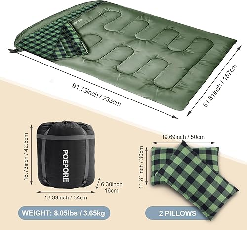 Miniatura 2 de Saco de dormir doble de franela para adultos con 2 almohadas, sacos de dormir para 2 personas, camping, XXL, tamaño Queen, saco de dormir para dos