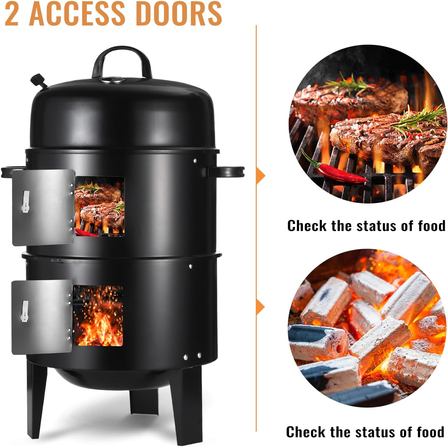 Vertical 17 Inch Charcoal Smoker Grill with Thermometers and Air Vent, Multi-Layer Meat 3-in-1 Portable light weight with 2 Access Doors Grill Smoker (17 INCH)