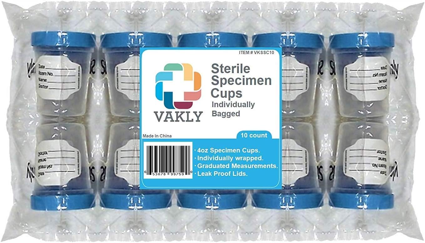 Sterile Specimen Cups [10 Count] 4oz Clear Urine Cup with Leak Proof Screw On Lids - Individually Bagged Jars – for Safe Pee Sample Collection and Testing : Industrial & Scientific