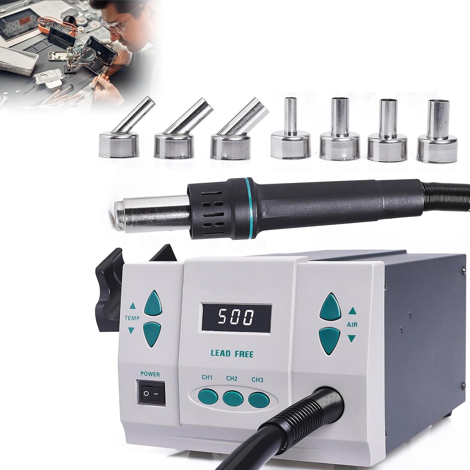 861DW Hot Air Rework Station, 110v 1000W Digital Display Automatic Sleep Hot Air Gun Soldering Station, With 7 Air Nozzles, Adjustable Temperature Desoldering Gun BGA Rework Station