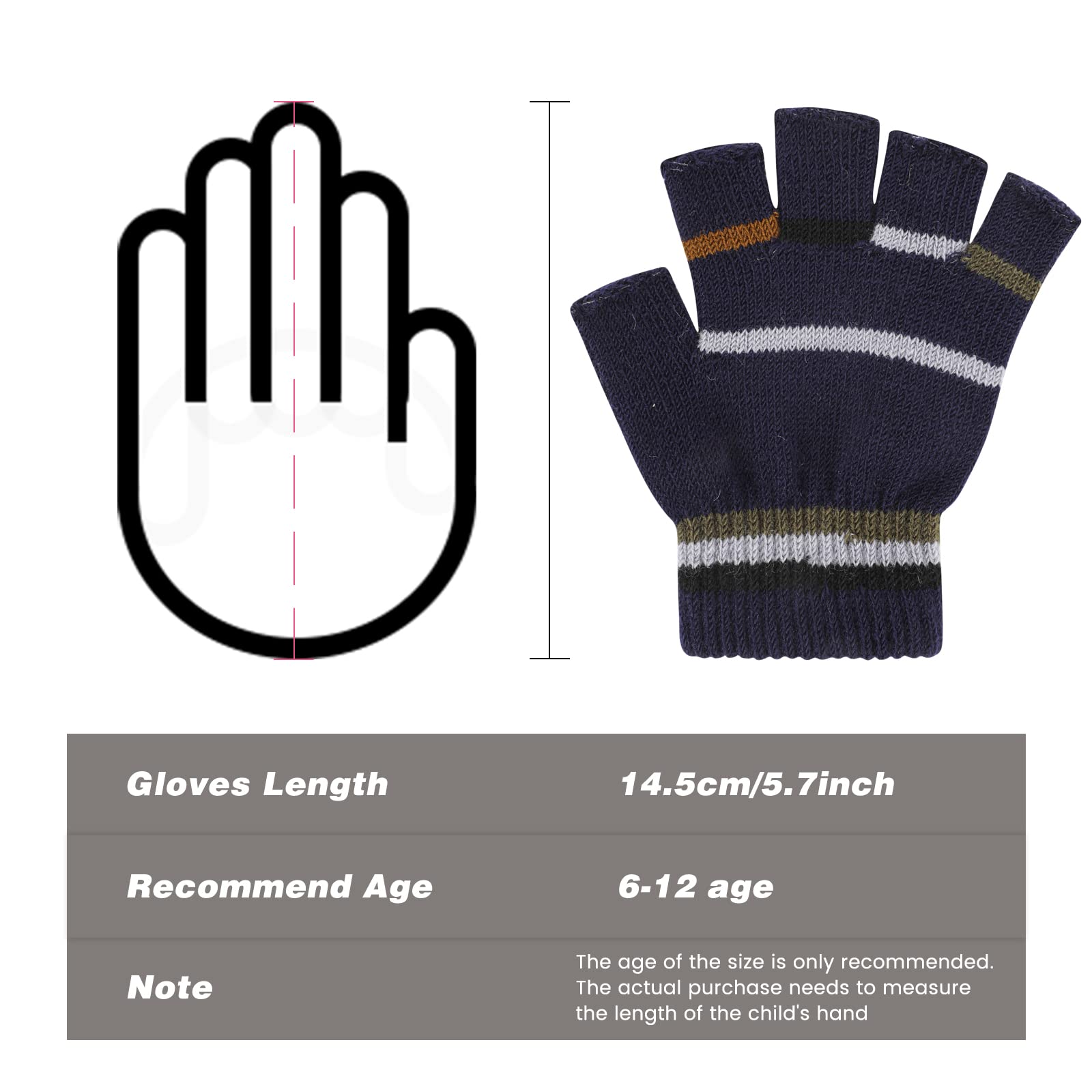 QKURT 6 Pares Niños Guantes sin Dedos, Guantes de Medio Dedo para niños Guante mágico elástico Guantes de Punto cálido Guantes térmicos de Invierno para niños niñas de 6 a 12 años