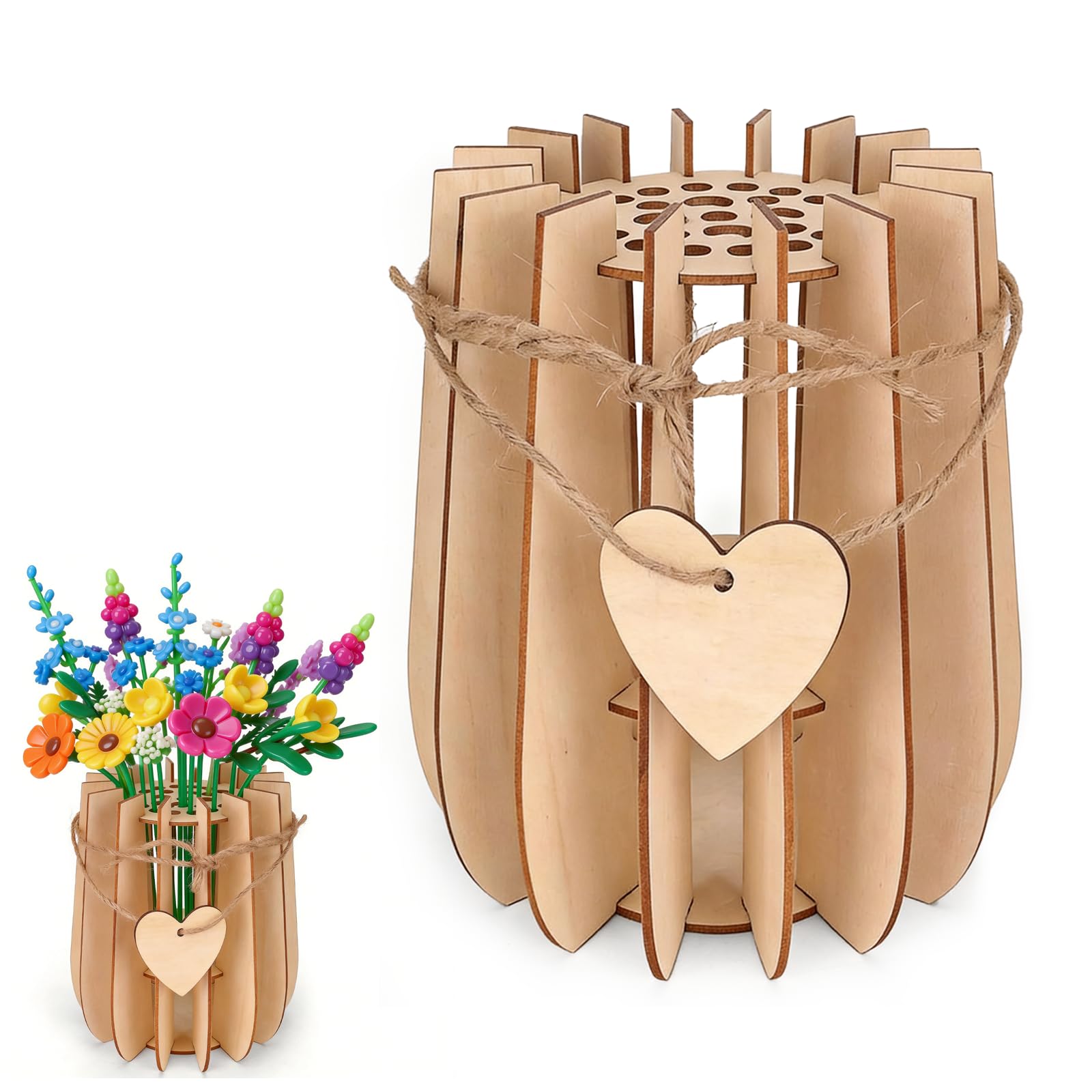 Terilamy Wooden Puzzle Vase for Flowers Bouquet, 3D Assembly Wood Vase Holds 13-33 Stems, Compatible with Plant Building Kits Roses Tulips Sunflowers, Home Office Decoration Gift