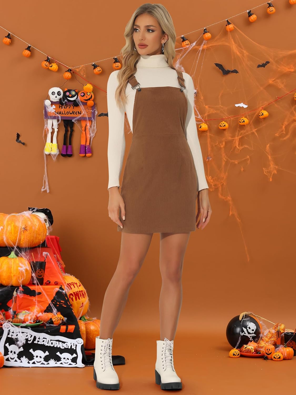 Allegra K Women's Corduroy Overall Dress Mini Short Length Adjustable Strap Bib Overalls Pinafore Dress - Image 3