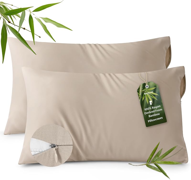 Bedsure Zipper Pillow Cases Standard Size from Rayon Derived from Bamboo | Cooling Pillowcase for Hot Sleepers, Soft & PureWoven Pillow Covers, Gift, Beige, 20x26 Inches