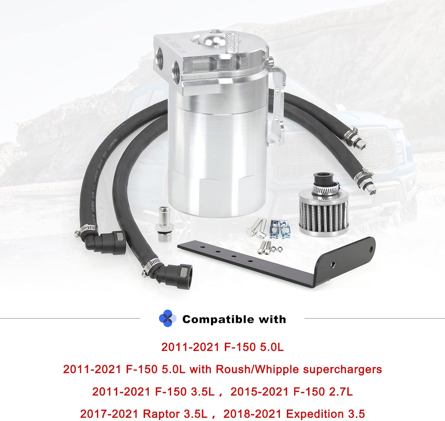 RULLINE Oil Catch Can Kit Oil Separator Reservoir Tank Engine Polish Baffled Compatible with 2011-2019 Ford F150 2.7EB 3.5EB 5.0 Passenger Side with Breather Filter Silver 400ml