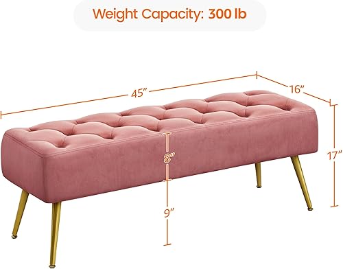 Miniatura 3 de Yaheetech Banco Otomano Moderno de Terciopelo Banco Tapizado Reposapiés para Sala de Estar con Patas de Metal Dorado y Asiento Acolchado Rosa