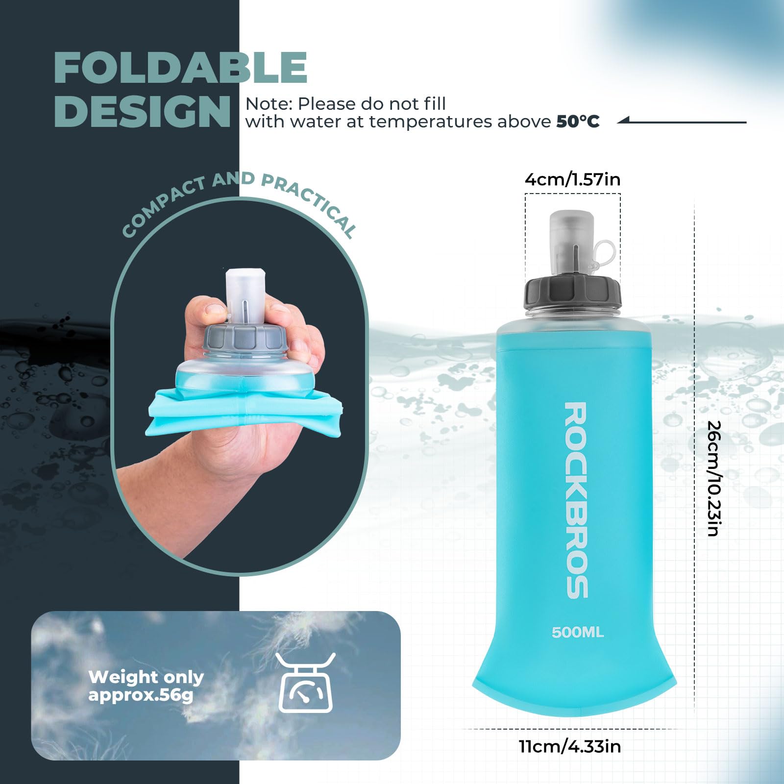 ROCKBROS Borraccia Pieghevole Acqua da 500 ml, Sacca Idrica Morbida senza BPA per Zaino Idrante Corsa Escursionismo Ciclismo