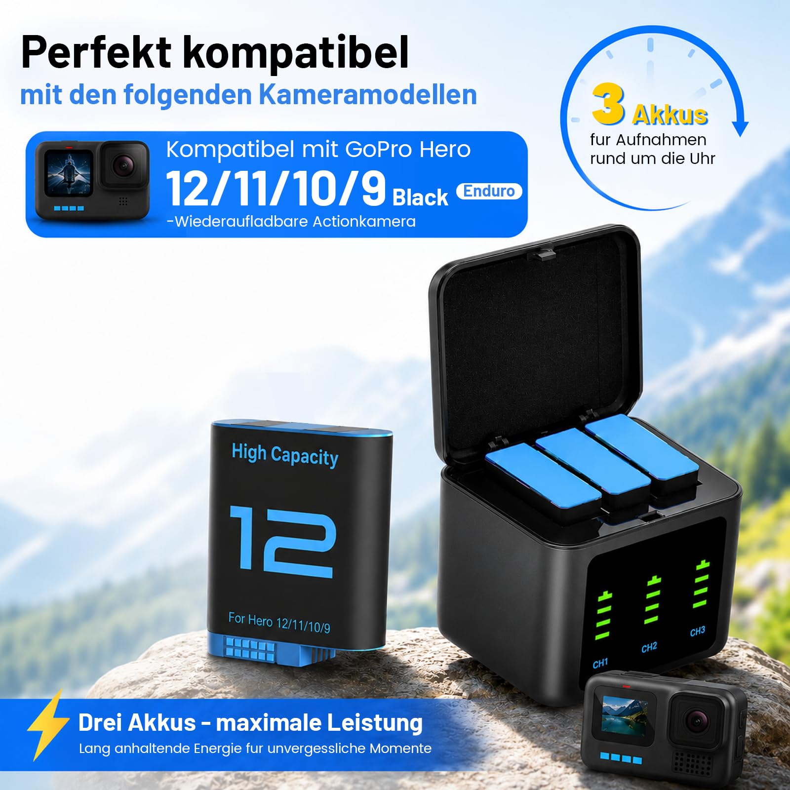3er-Pack 2026 Upgrade 2580 mAh Hero 12 Akku und LED 3-Kanal-USB-Ladegerät, Hochleistungsakku für GoPro Hero 12/11/10/9 Black Enduro wiederaufladbare Kameras mit Typ-C-Datenkabel