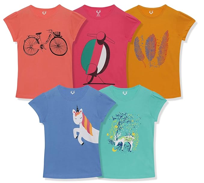 Elk Girls Cotton Printed Halfsleeve T-Shirts (Pack of 5)