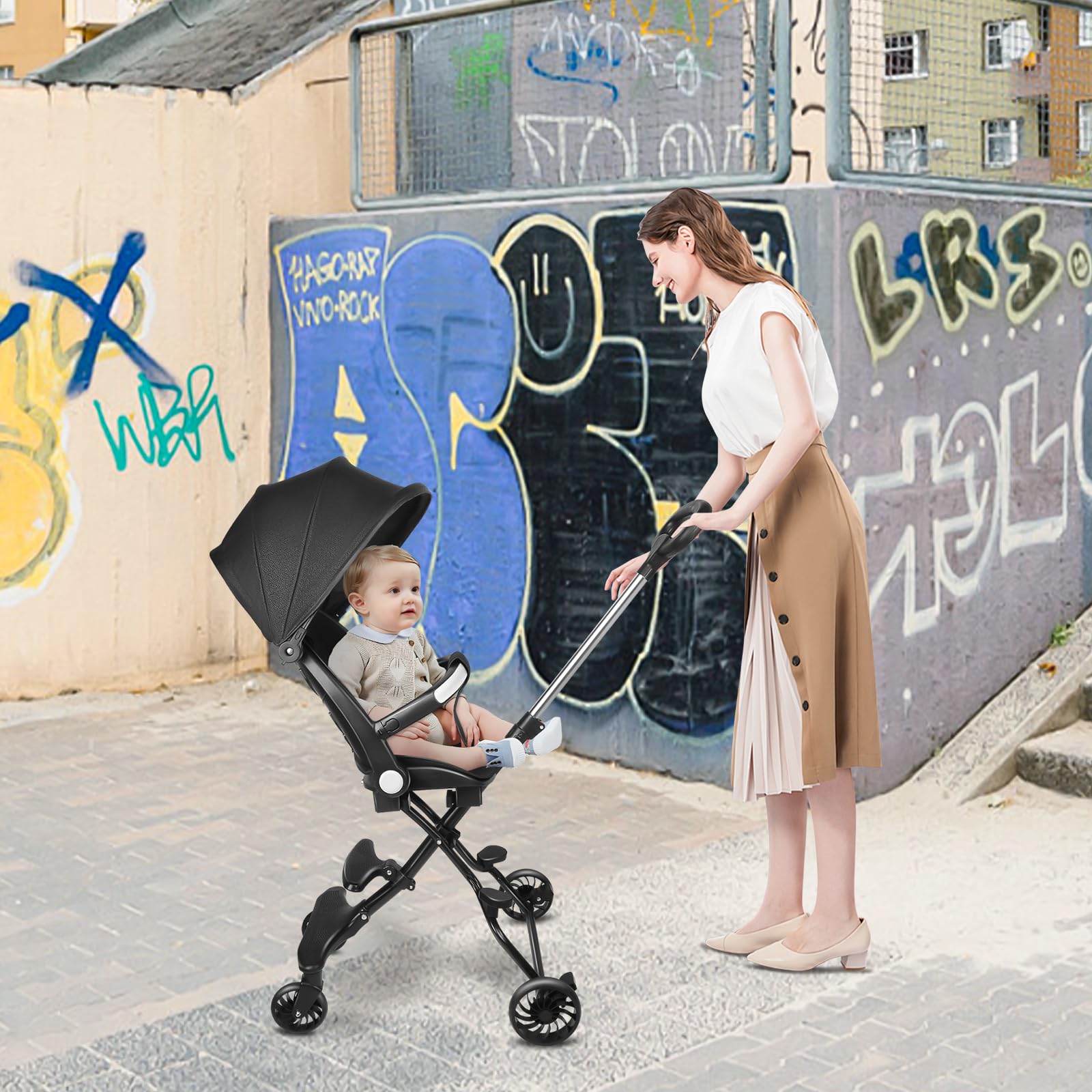 Kinderwagen, ultraleicht, Buggy, 6 Monate bis 4 Jahre, Reisekinderwagen, tragbar und leicht, höhenverstellbar, 3-Punkt-Gurt, verstellbares Dach (schwarz)