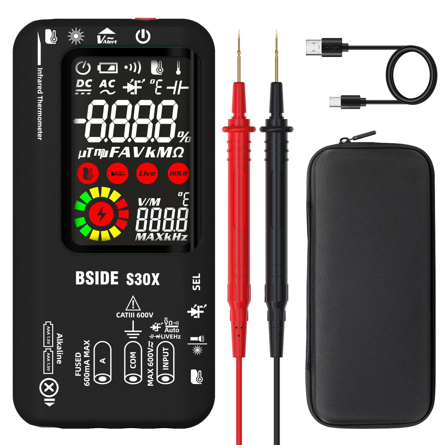 BSIDE S30X Multimetro Digitale Automatico con Termometro IR 12:1 Tester Diodi Alta Tensione LCD Colori 9999 Conteggi Voltmetro Ampemetro Capacimetro Ricaricabile per HVAC LED Automotive Electronic
