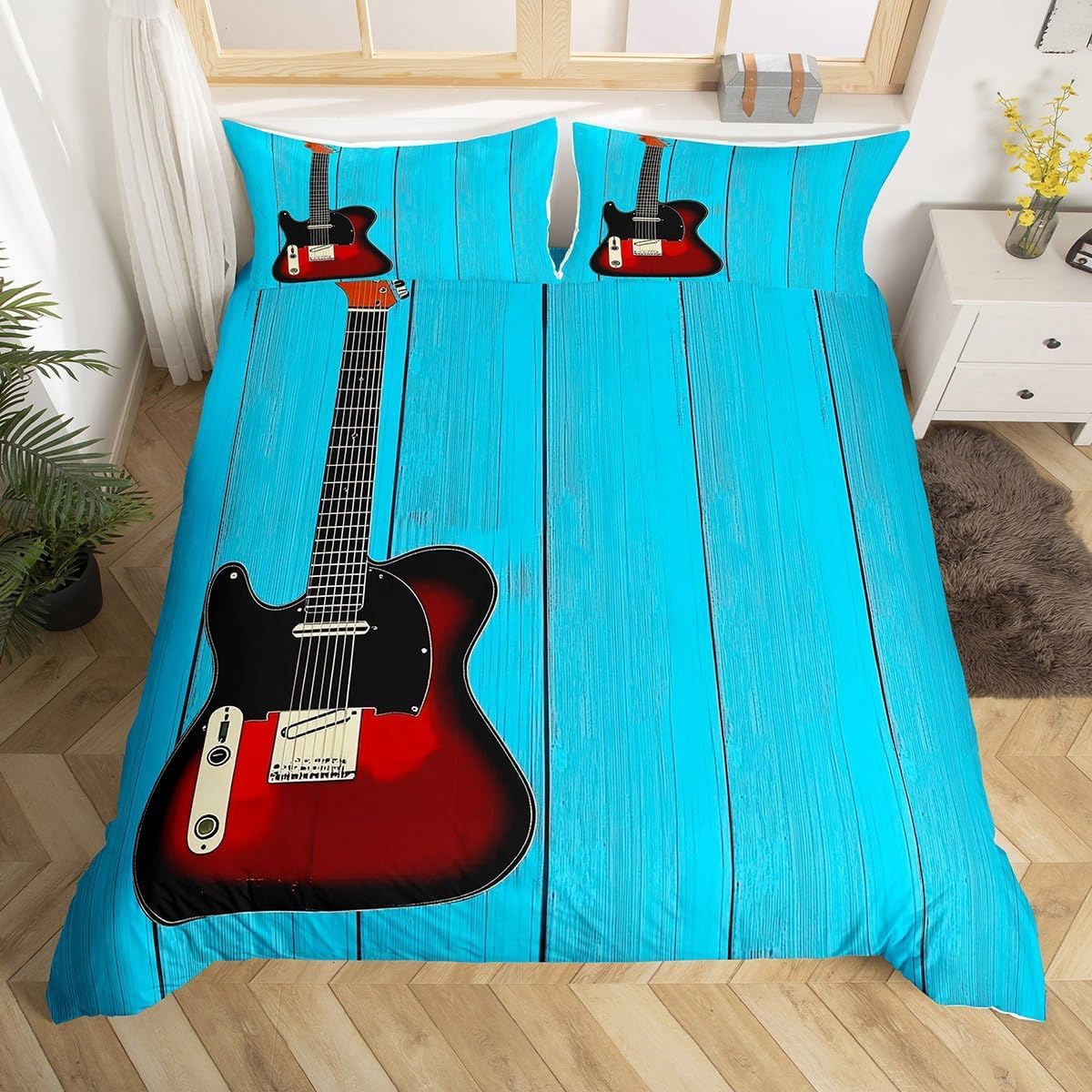 Poszewka na kołdrę w rozmiarze Super King Size niebieska pościel gitarowa dla dzieci - poszewka na kołdrę z zapięciem na zamek błyskawiczny + 2 poszewki na poduszki 50 cm x 75 cm -