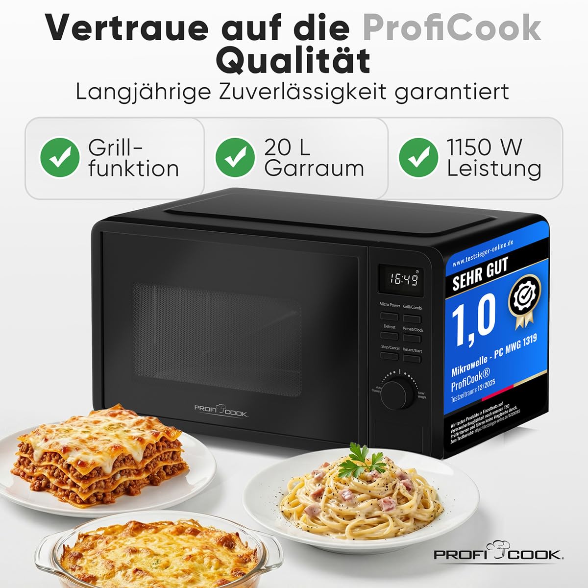 ProfiCook® Mikrowelle mit Grill | 800 Watt Grill | 20L | 8 Automatikprogramme | Timer | inkl. Drehteller und Grillrost | Uhrzeitanzeige | Microwellengerät | PC MWG 1319