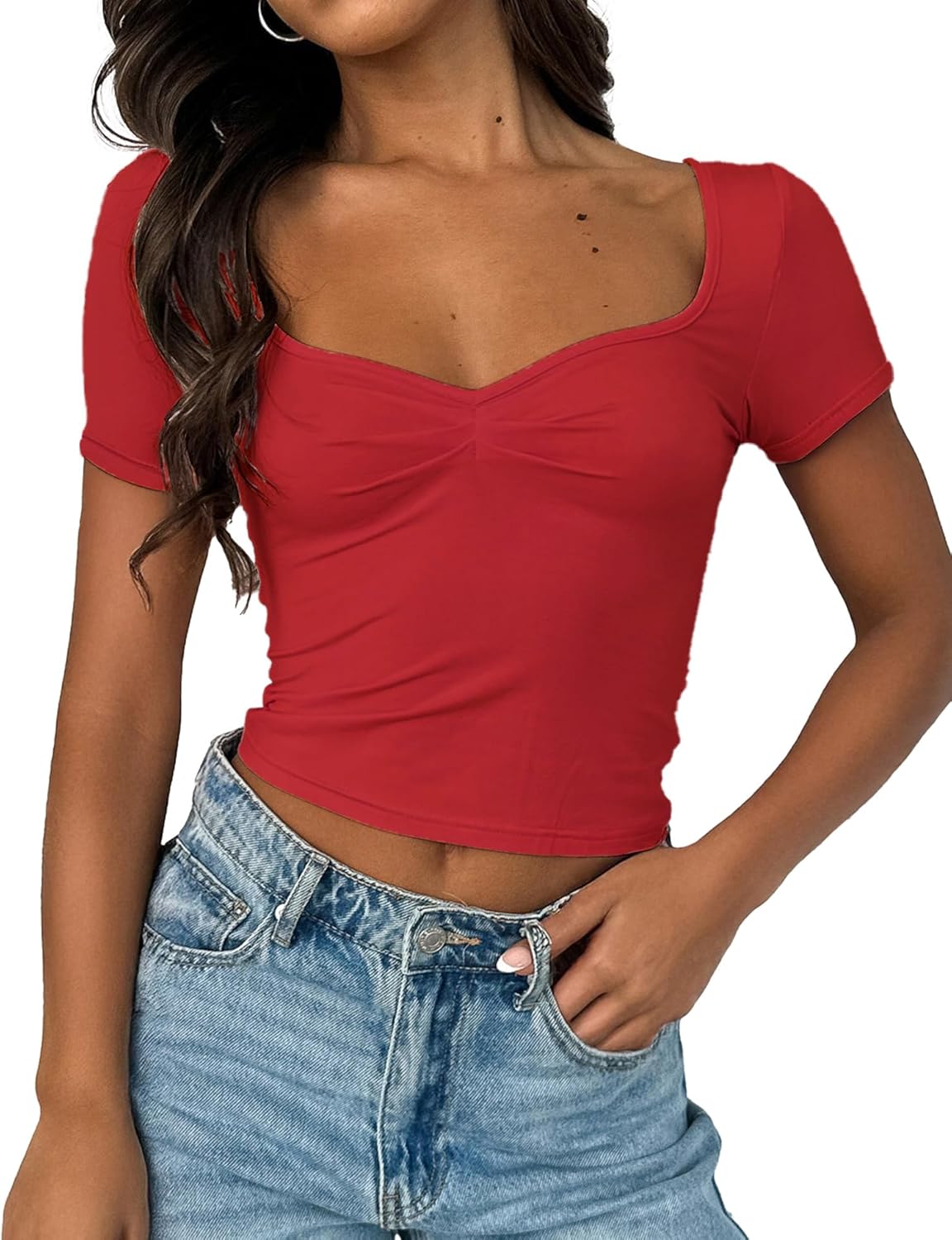 Women's Short Sleeve Going Out Crop Top Sexy Pleated Cute Shirt Sweetheart Neck Y2K...