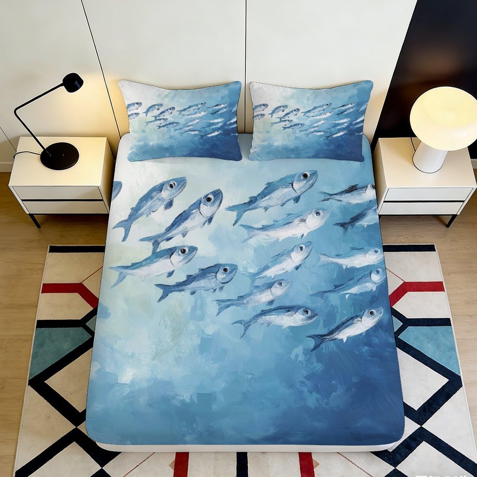 3D Printed Blue School Fish Fitted Sheet Microfiber Breathable Ocean Underwater Mattress Cover for Bedroom Dorm Decor 120x200x25cm