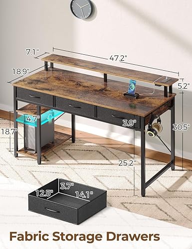 Miniatura 3 de Rolanstar Computer Desk with Power Outlets & LED Light, 47 inch Home Office Desk with 3 Drawers and Storage Shelves, Writing Desk with Monitor