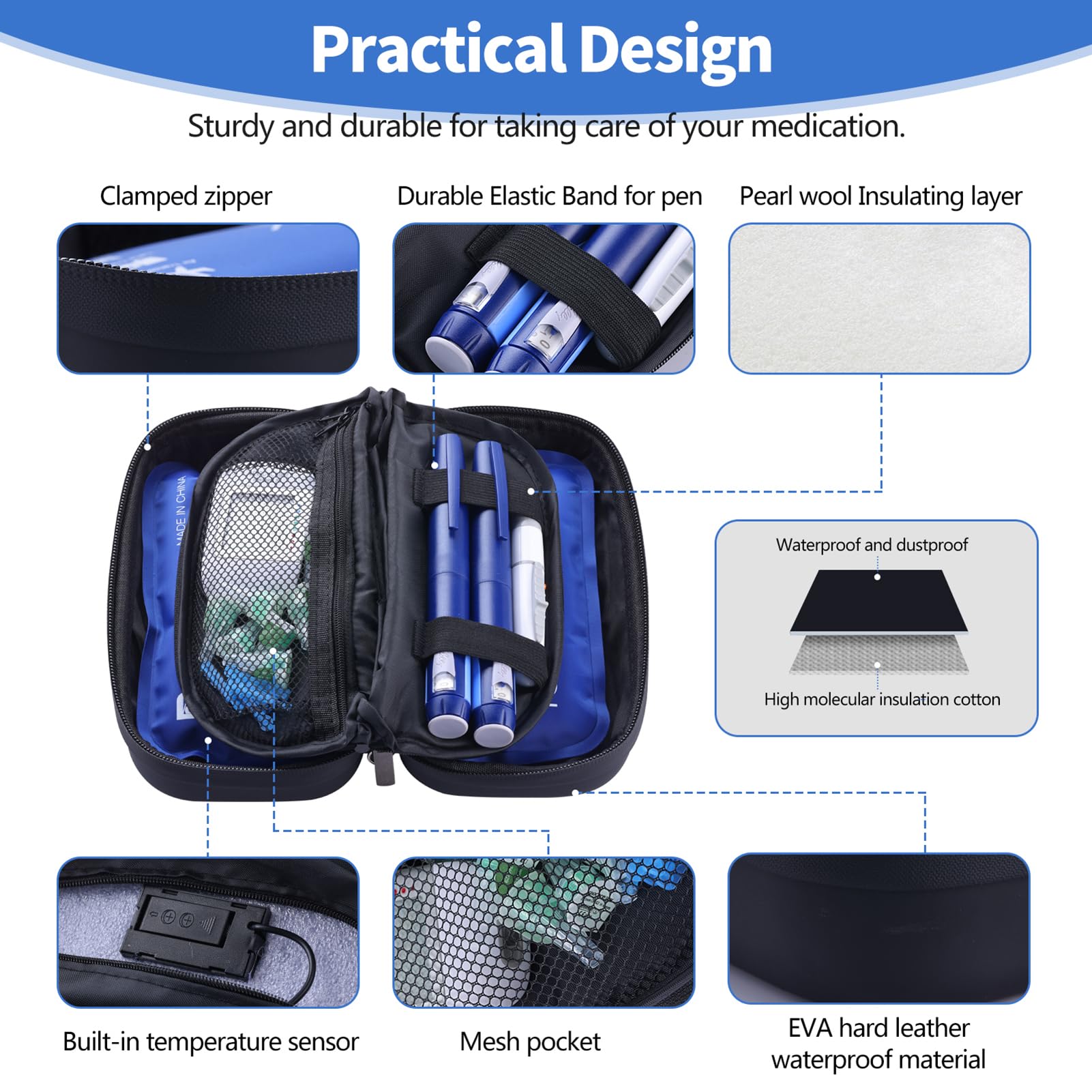 Borsa termica da viaggio per insulina, approvata TSA, portatile, per farmaci diabetici, Con display Fahrenheit, organizer per farmaci refrigerati con 2 confezioni di ghiaccio