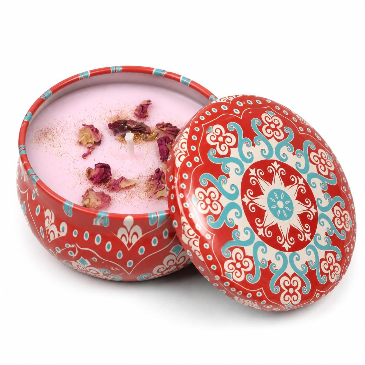 Mandala Tin (Rose) Premium Scented Soy Wax Candle by Cozy Flames by Preet | Dried Rose Petals, Boho Mandala Tin, Pink Wax, Home Decor, Ready to Gift-image-45