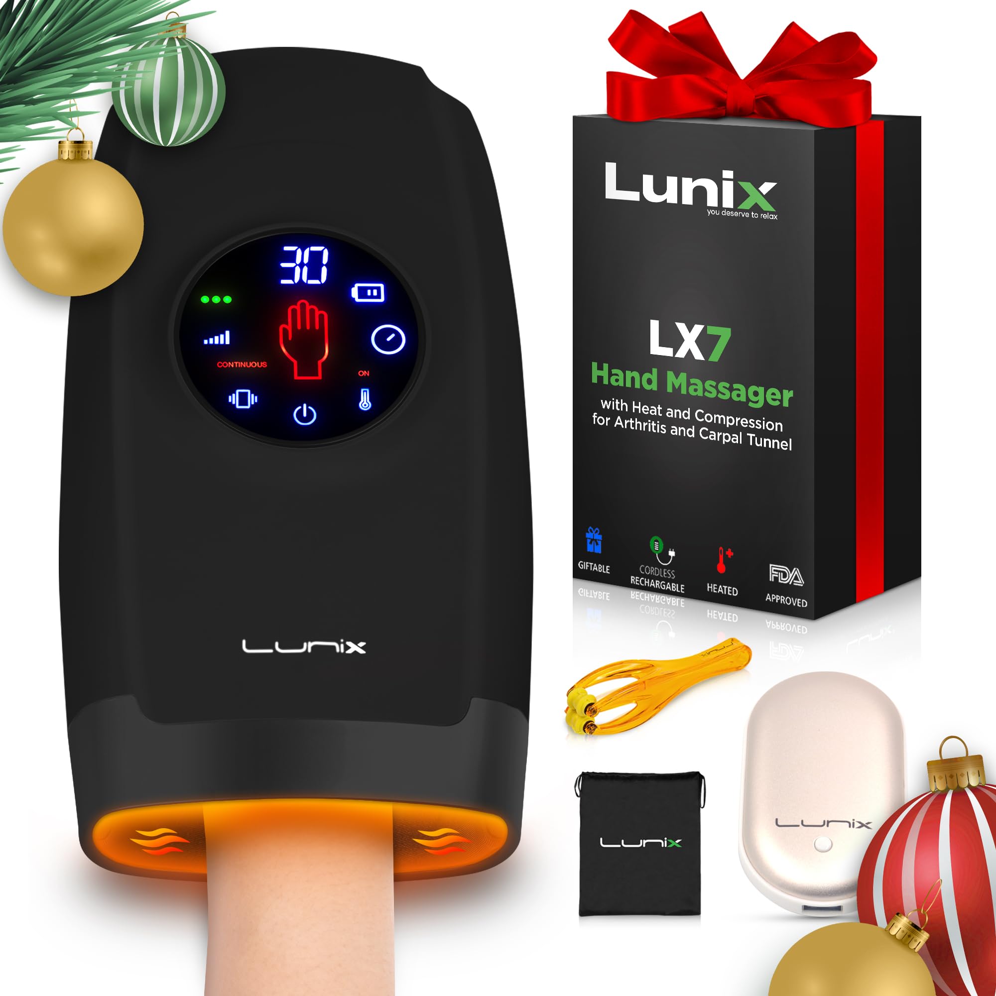 Lunix LX7 Electric Hand Massager with Compression, Pressure Point Therapy for Arthritis, Pain Relief and Carpal Tunnel, Shiatsu Massage Machine with Heat, with Hand Warmer, Black