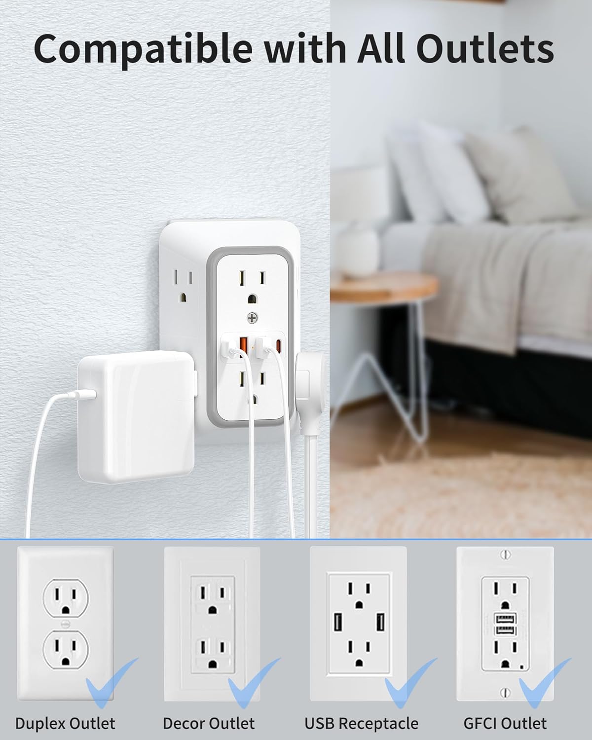 2 Pack Outlet Extender Surge Protector, Power Plug Adapter, 6 Outlet Wall Plugs, Also Equipped with 2 USB A Ports and 2 USB C Ports, 3 Sided Charging Design, Suitable for Home, Travel, and Office