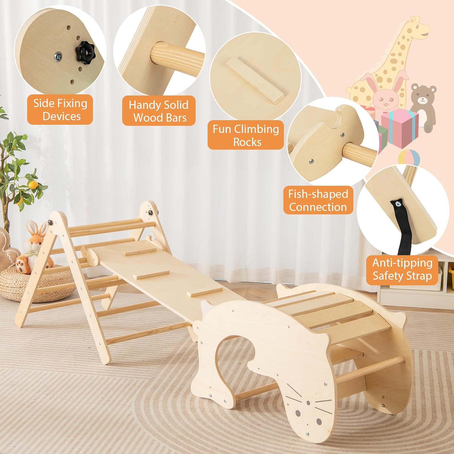 HONEY JOY 7 in 1 Climbing Toys for Toddlers, Wood Triangle Climber w/Ramp for Sliding or Climbing, Rocker, Foldable Montessori Triangle Climbing Arch Set for Daycare, Gym & Playground, Natural