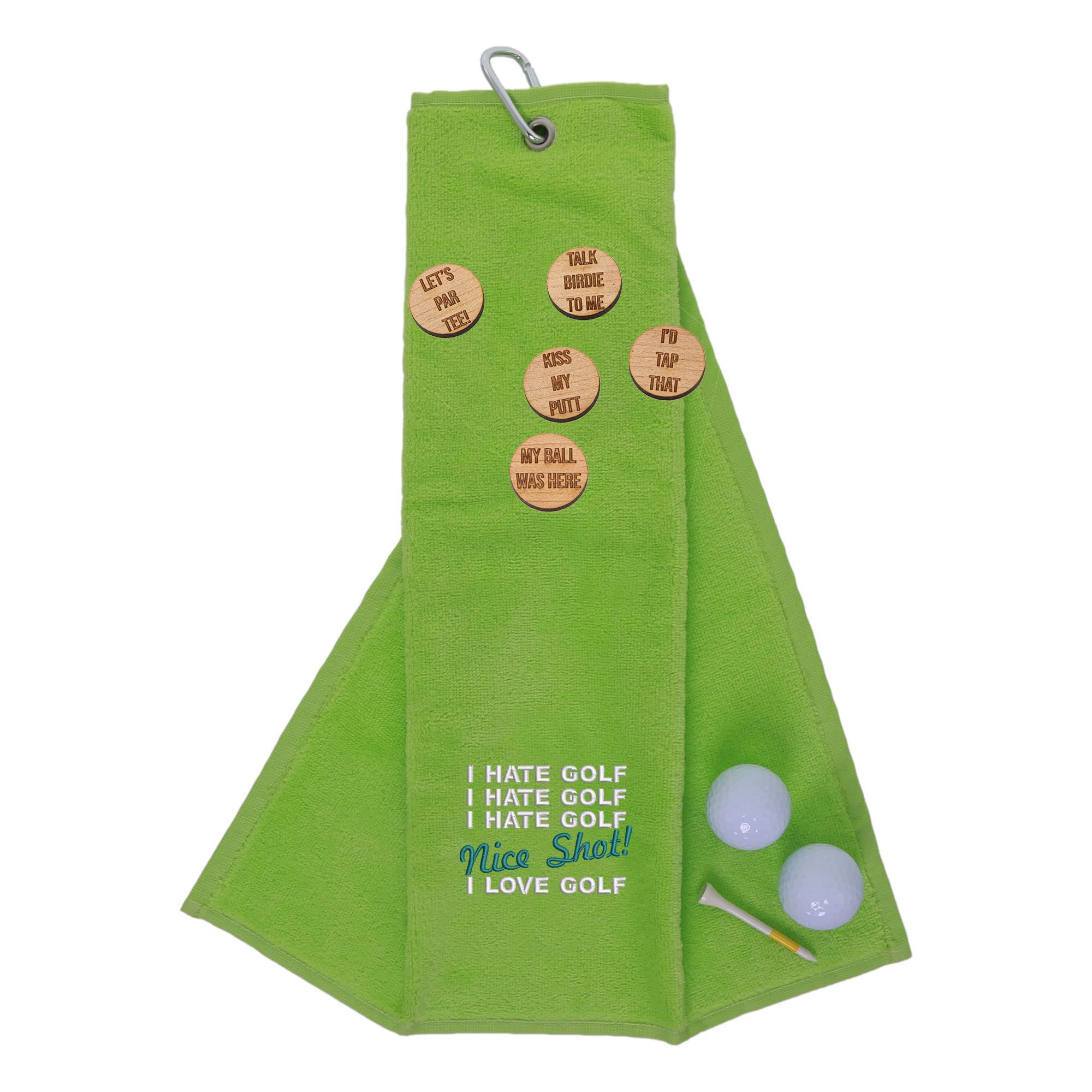 aztex Funny Trifold Golf Towel and Comedy Wooden Ball Marker Set Gift for Men, Carabiner Clip for Golf Bags, Nice Shot, Lime Green