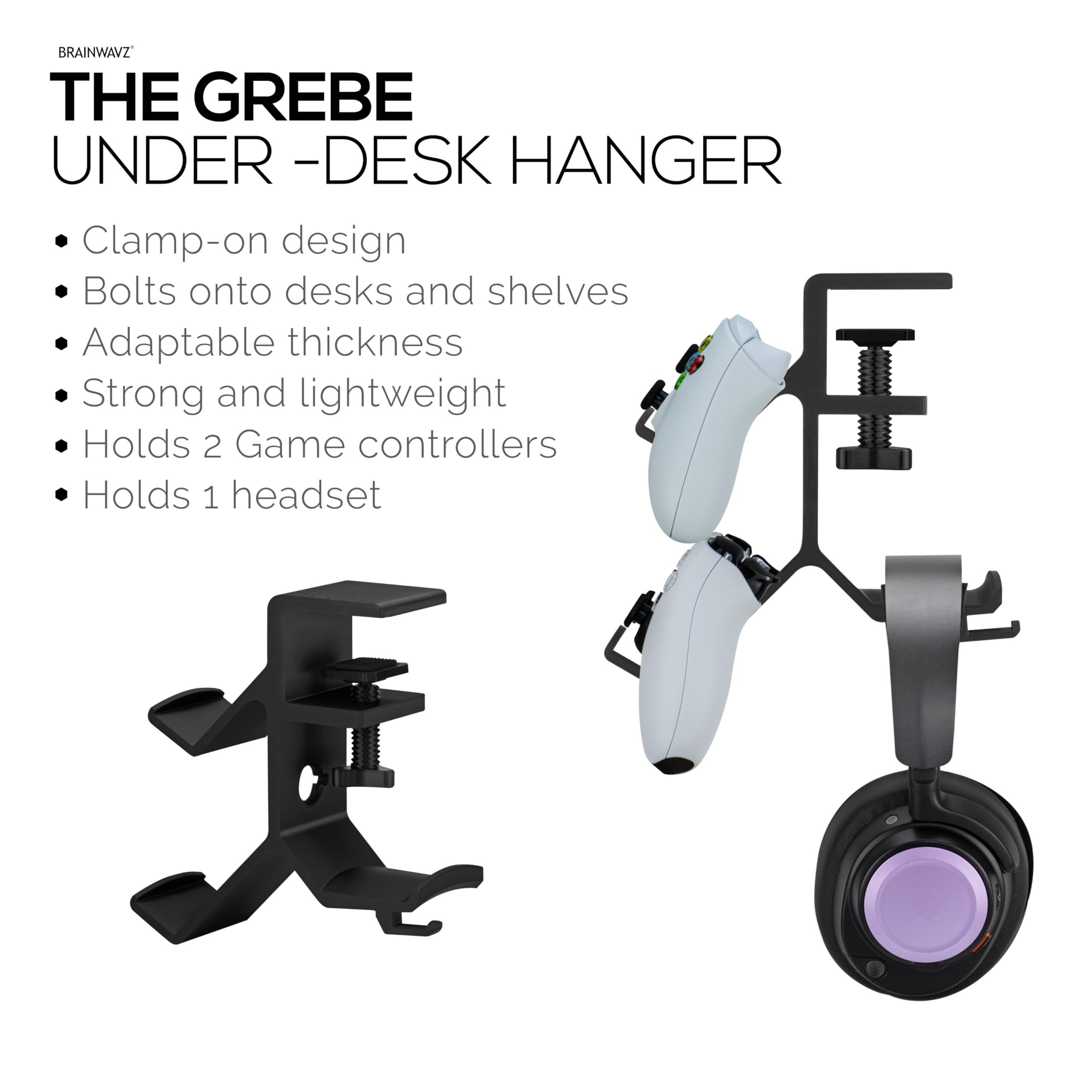 BRAINWAVZ The Grebe - Soporte para auriculares y controlador de juego dual - Se fija al lado del escritorio, soporte para auriculares debajo del escritorio, adecuado para todos los auriculares y