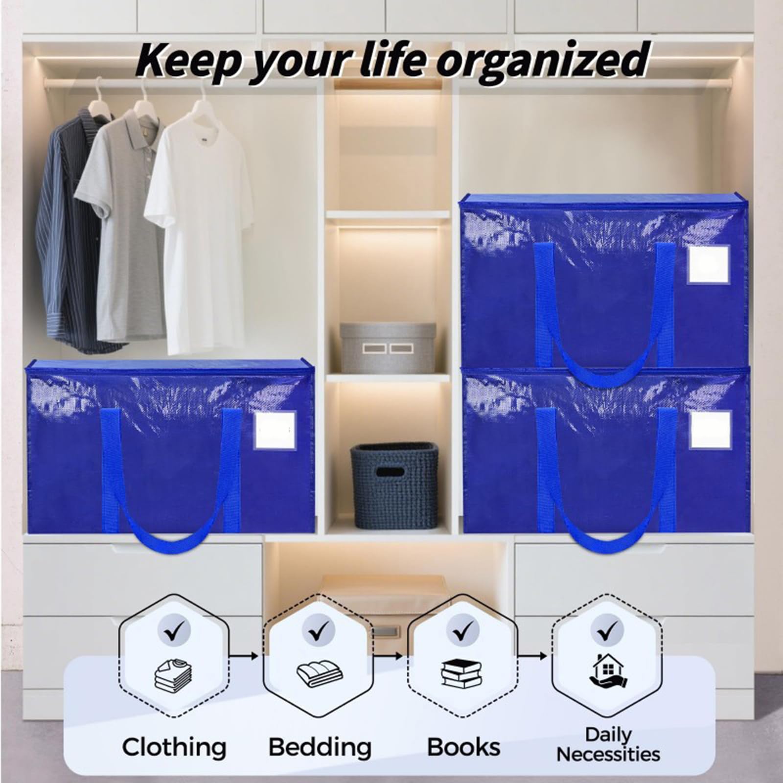 Umzugs-Aufbewahrungstaschen, Polypropylen, gewebt, faltbar, für Kleidung, Decke, Verschluss für Zuhause, Wohnheim, Verpackung