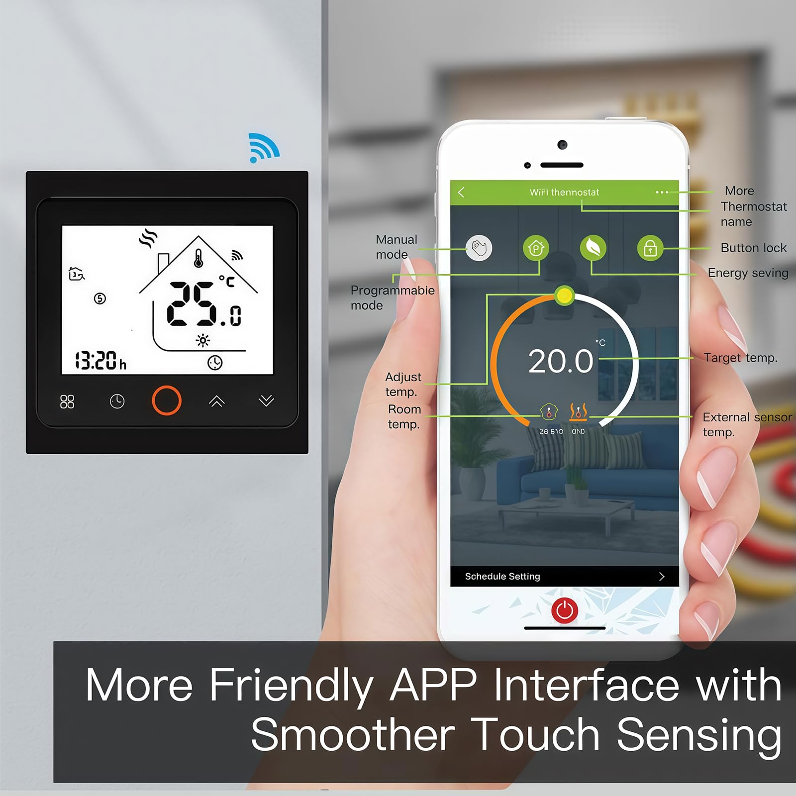 002 Serie Wi-Fi Termostato - Termostato con Pantalla Táctil Programable para Calefacción o Aire Acondicionado - Control Remoto Desde Teléfono Móvil Compatible con Alexa, Google Home e IFTTT