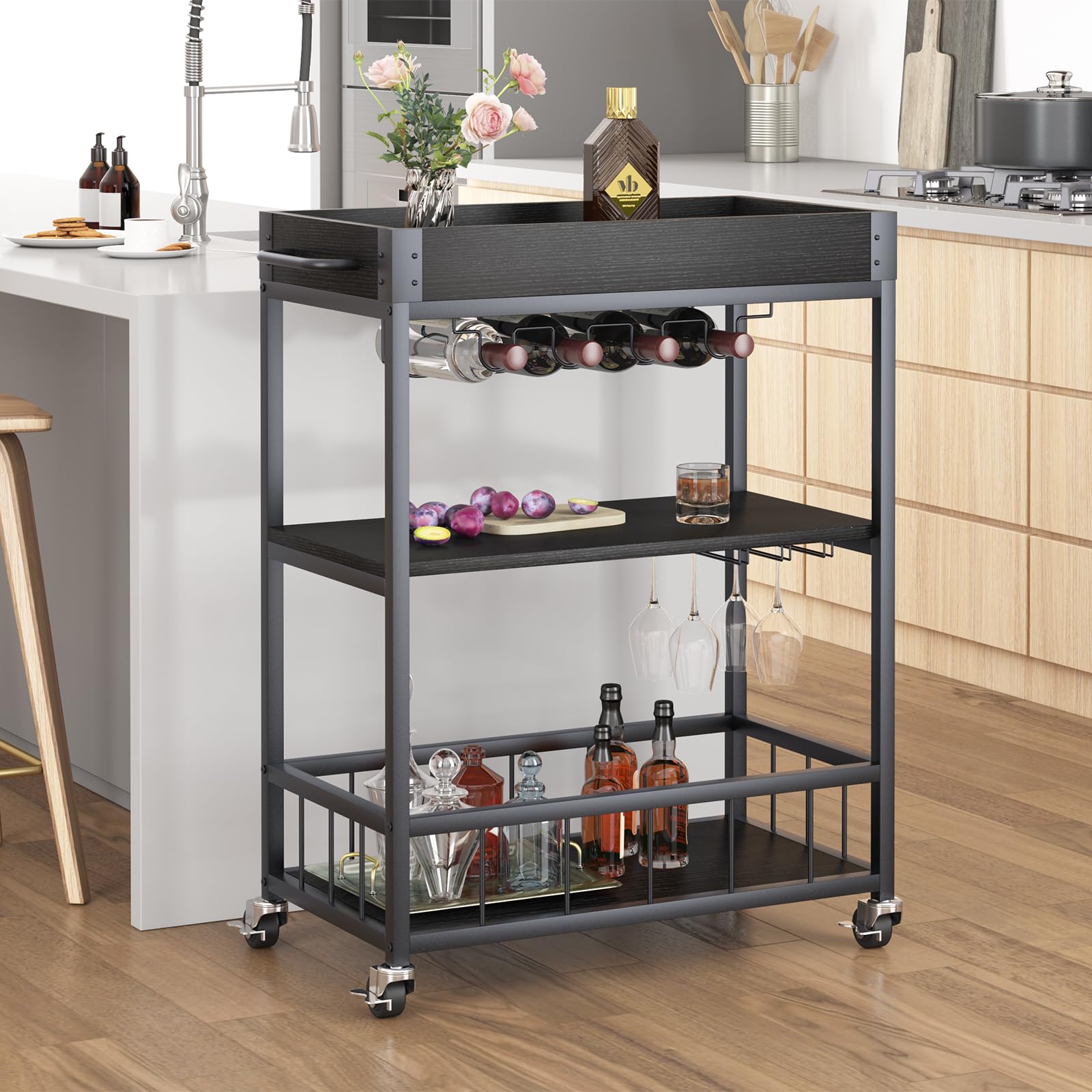 Huhote Carrito de Servir Multifuncional - Cocina, Bar Con Ruedas, Soporte para Botellas de Vino, 3 Niveles - para Salón, Comedor, Cocina, Bar, Fiesta - Negro
