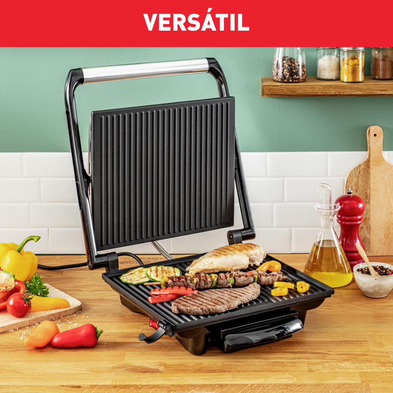Tefal GC241D Grill con placas antiadherentes, Toque frío, Bandeja recoge jugos extraíble, Paninis, carne, pescado y asar verduras, Negro/Plateado, Potencia de 2000 W