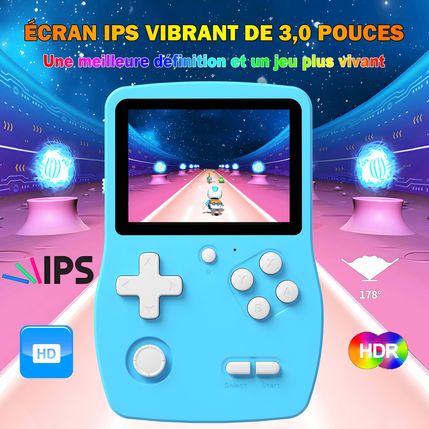 32 Bit Console de Jeux Portables pour Enfants avec 139 Jeux Vidéo, Lecteur de Jeu avec écran IPS de 3,0" Batterie Rechargeable, Jeu de Voyage Cadeaux Jouets pour Garçons Filles (Bleu)