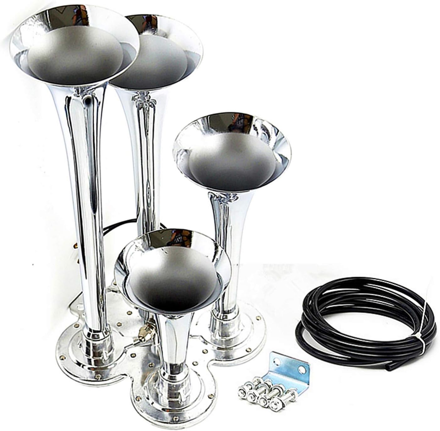 car horn Silver four double row horn 12V 170DB loudspeaker solenoid valve waterproof pipe electric The electromagnetic valve metal for car every vehicle vans truck trains boats with Large