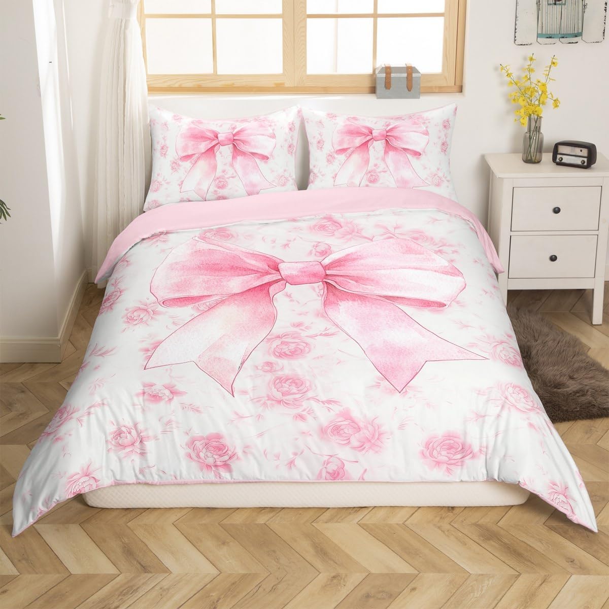 Erosebridal Pink Bowknot Toddler Duvet Cover for Girls Women, Romantic Pink Rose Flowers Bedding Set, Lovely Bow Tie and Rose Aesthetics Bed Cover,Princess Style Bows and Flowers Bed Set