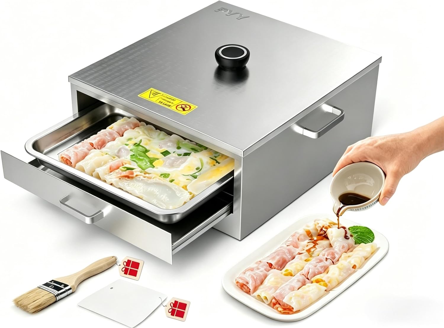 PYY Rice Noodle Roll Steamer Machine - 3 Layers 4 Trays Cantonese Cheung Fun Machine，Anti-scalding Handle Changfen Maker for Commercial and Home, Extra Stainless Steel Steam Tray and Wooden Handle