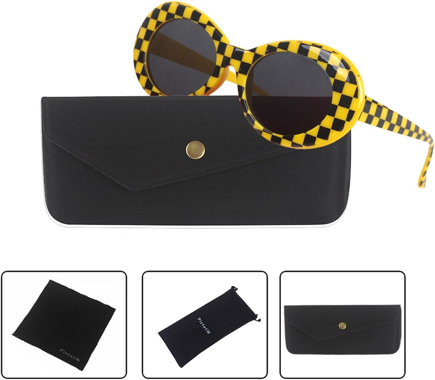 Clout Goggles Bold Retro Oval Mod Thick Frame Kurt Cobain Sunglasses Round Lens (Checkered yellow/Gray)