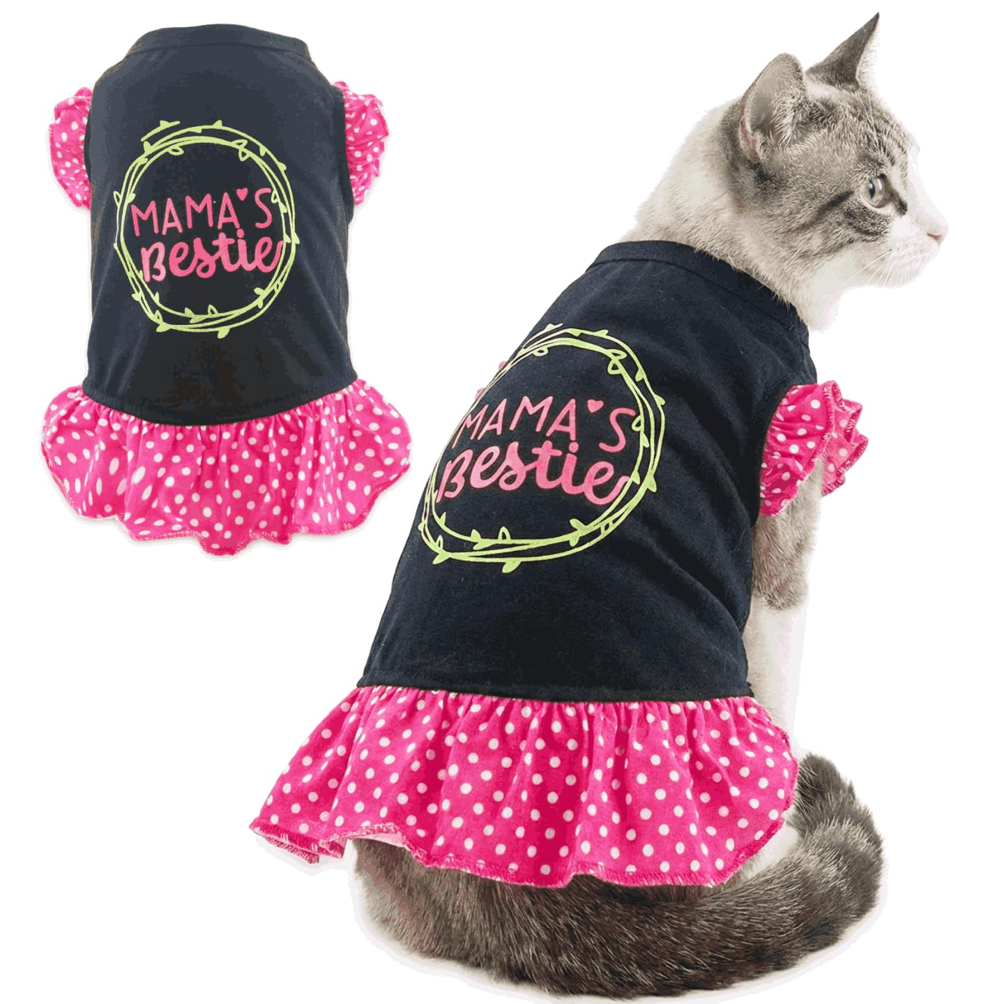 Cute Small Girl Dog Clothes Dogs Dresses for Girls Cat Dress for Female Small Dogs with Mama's Bestie Polka Dot Print, Small