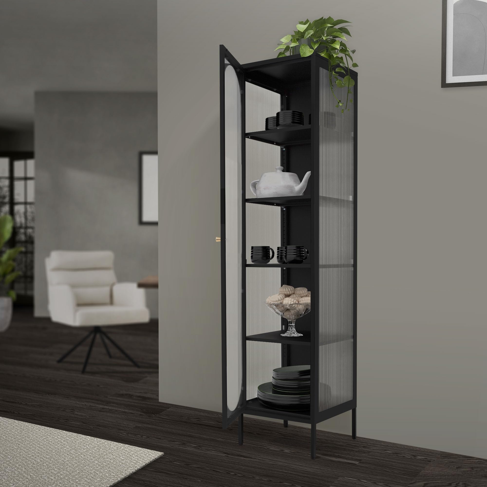 ML-Design gablota 42x175x40 cm czarna waska gablota z 5 pólkami i 1 drzwiami metalowa gablota do salonu wykonana ze stali styl industrialny wysoka gablota regal szafka na dokumenty szafka biurowa